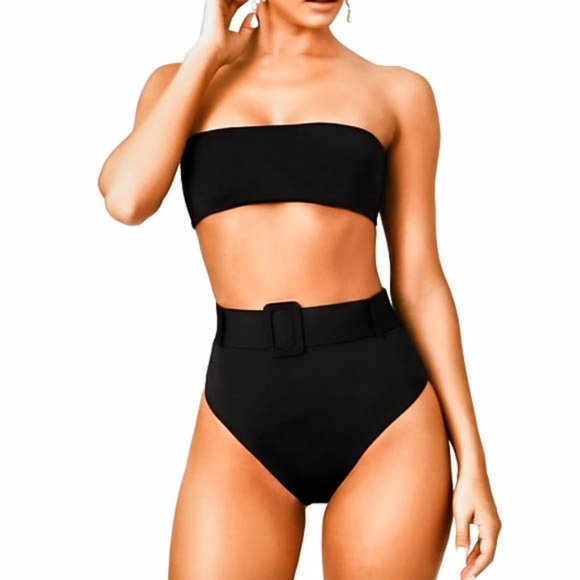 Black 2 Piece Bikini High Waisted Bathing Suit - Picture 2 of 8
